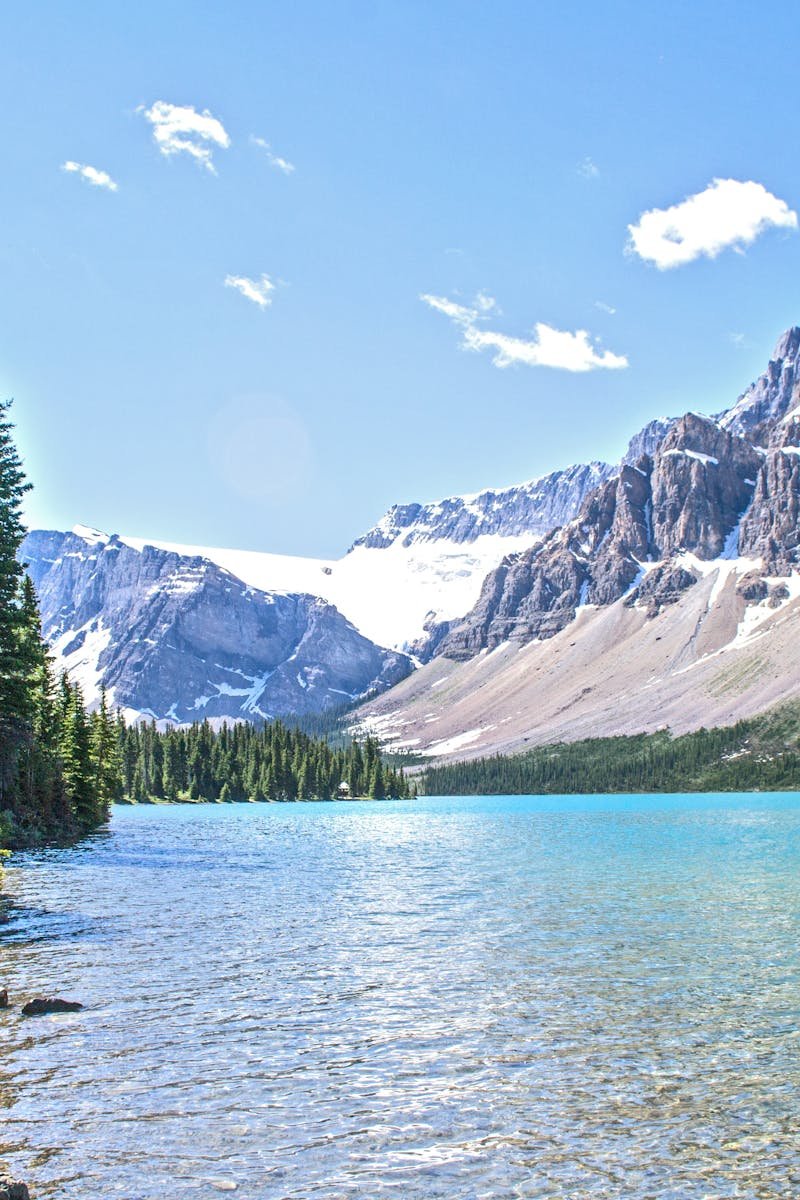 Stunning view of Bow Lake with rocky mountains and green forests in Banff National Park.