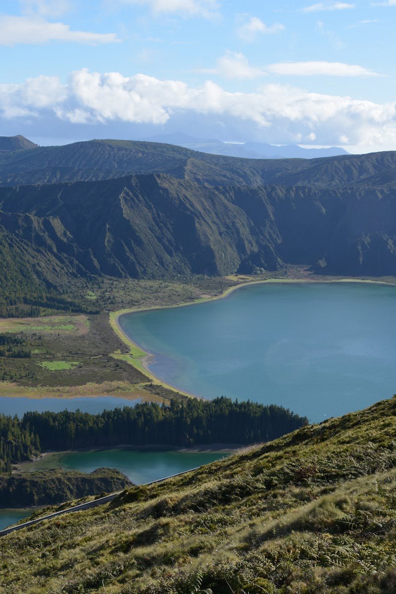 Stunning aerial view of Lagoa do Fogo, a serene volcanic crater lake in São Miguel, Azores.