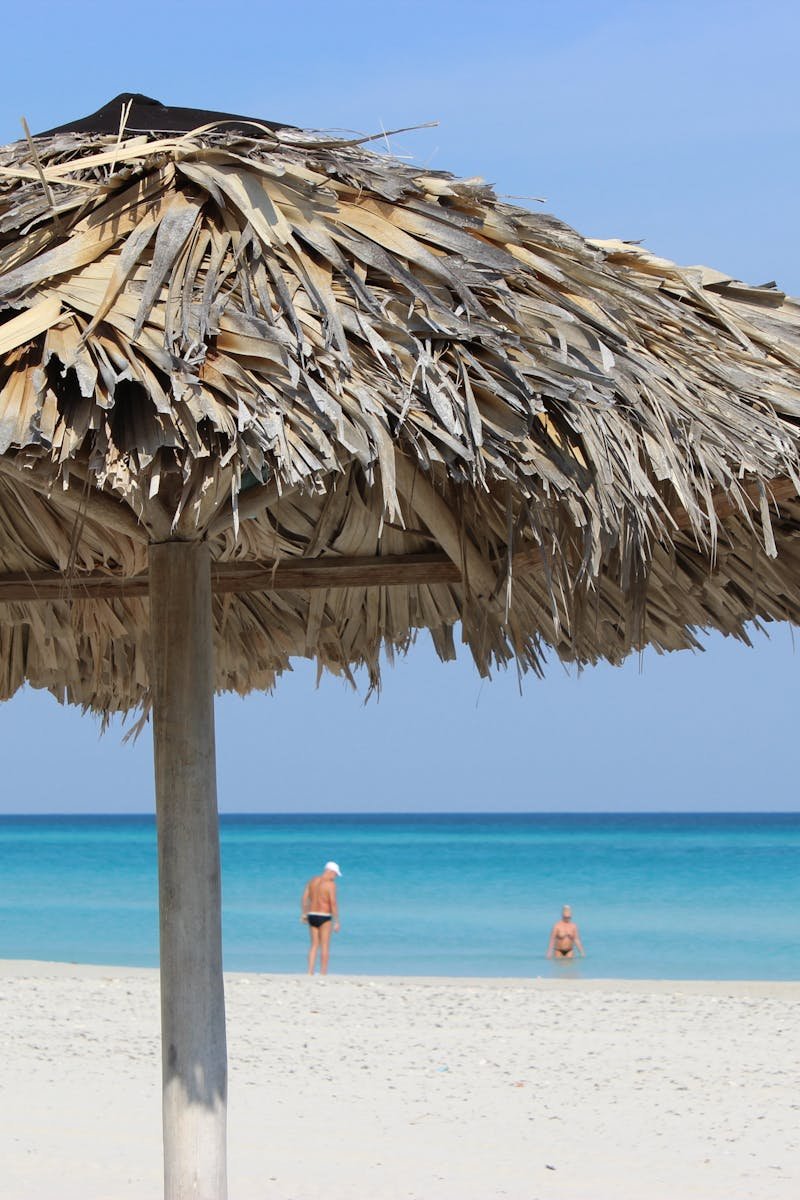 Relax under a straw umbrella on a pristine tropical beach with turquoise waters.