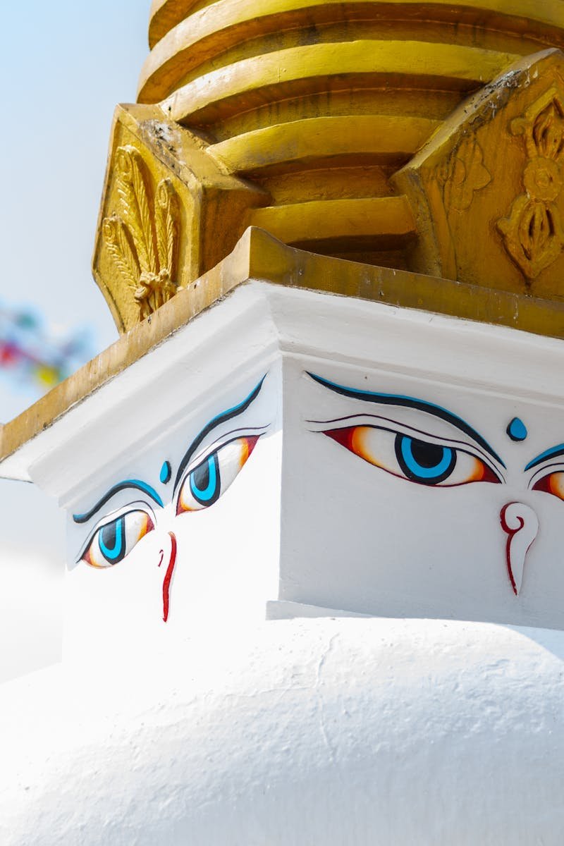 Close-up of the iconic Boudhanath Stupa with eye details in Kathmandu, Nepal.