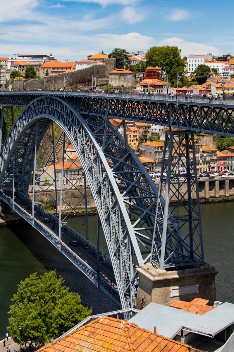 Scenic view of the Dom Luís I Bridge spanning the Douro River in Porto, Portugal.