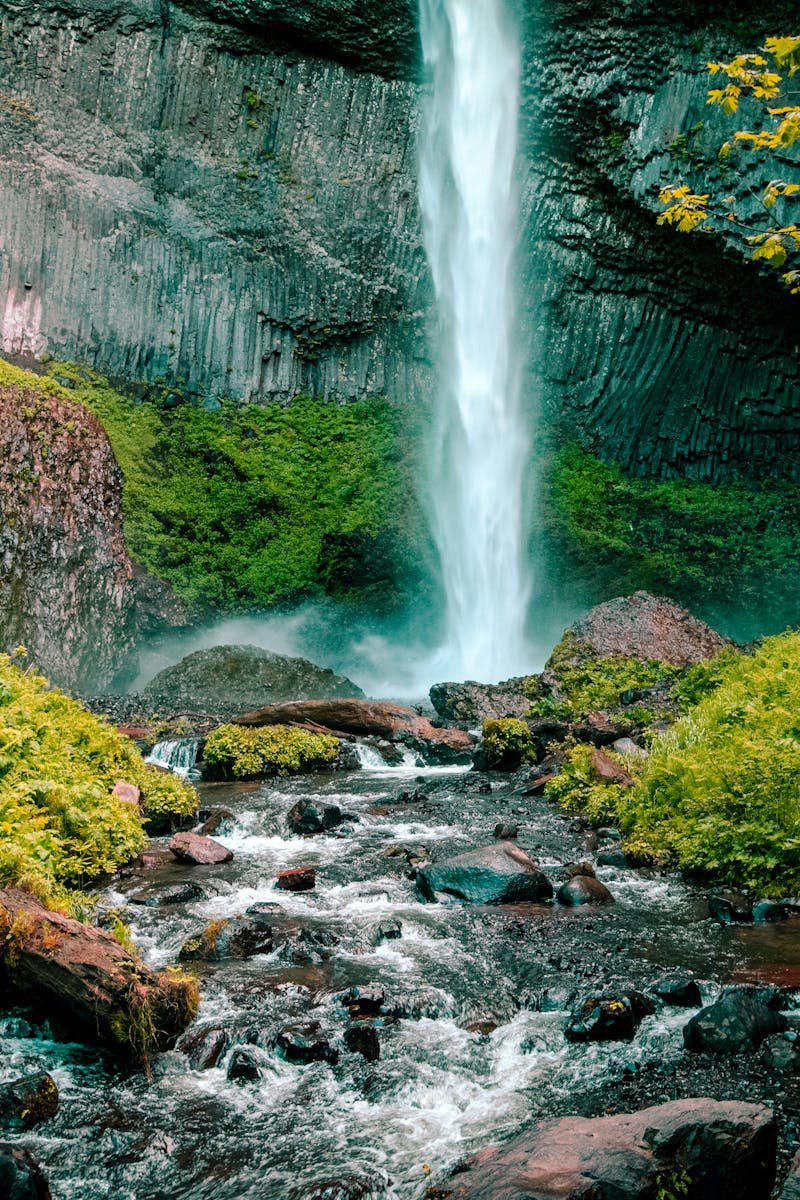 Majestic waterfall cascading down rocky cliff surrounded by vibrant greenery in a serene outdoor location.