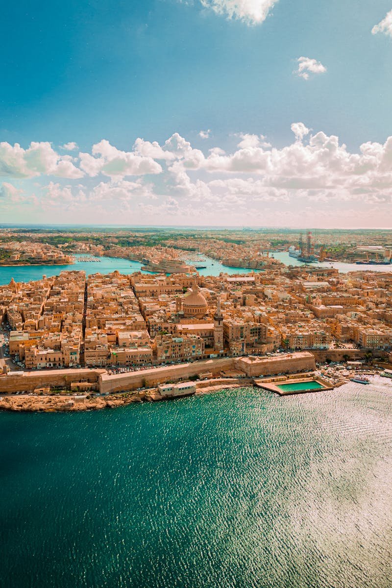 Stunning aerial view of Valletta, Malta, showcasing its historic architecture and coastal beauty.
