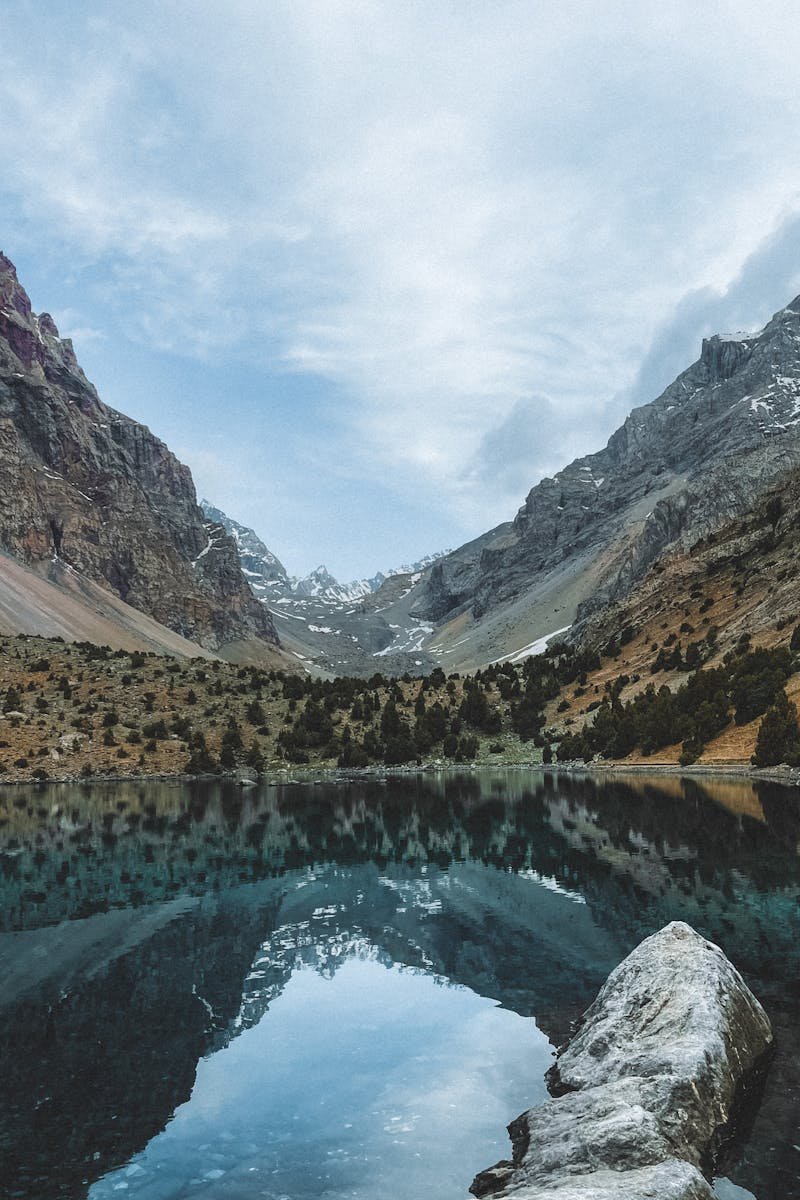 A tranquil mountain scene with a lake reflecting the rugged peaks and clear sky, capturing nature's beauty.