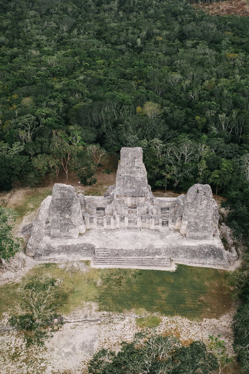 An aerial view showcasing ancient Mayan ruins surrounded by lush jungle.
